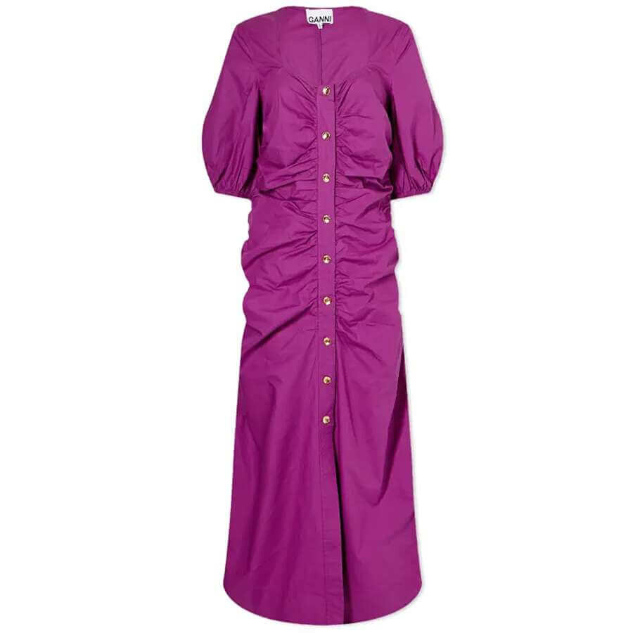 

Платье GANNI Gathered Open Neck Maxi, фиолетовый