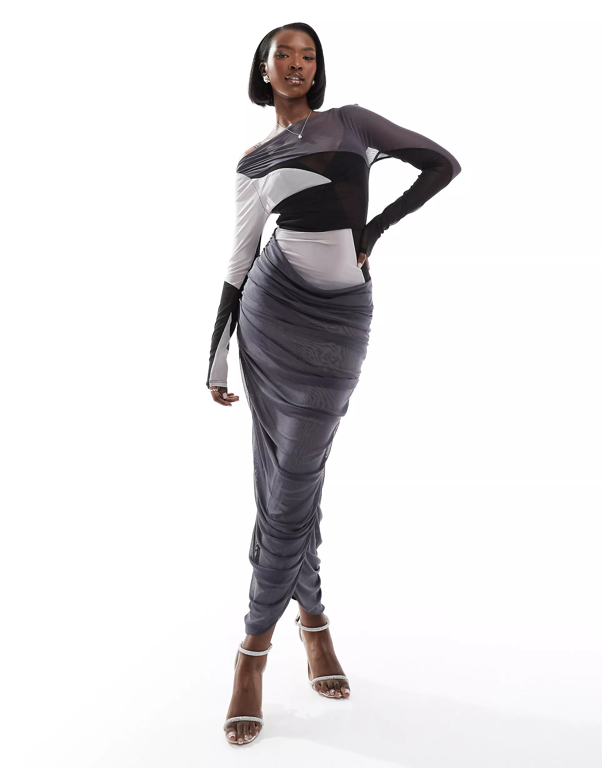 Платье миди Asos Design Mesh Off Shoulder Ruched Detail, серый, белый, черный