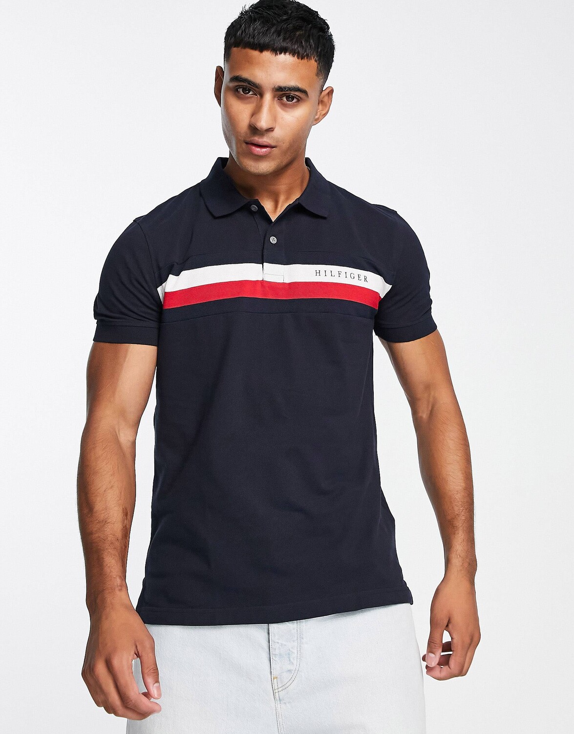 

Темно-синее поло из пике с полосками на груди Tommy Hilfiger стандартного кроя
