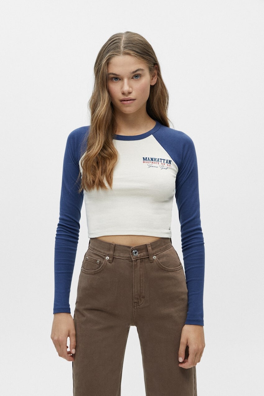 

Университетская футболка с длинными рукавами Pull&Bear, темно-синий