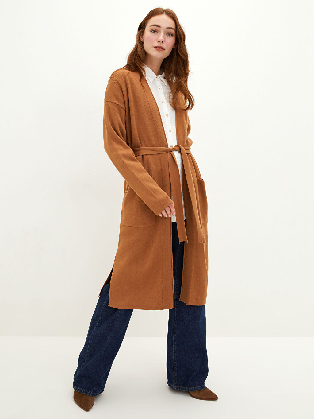 

Женский трикотажный кардиган с поясом и карманом на талии с длинным рукавом LCW Modest