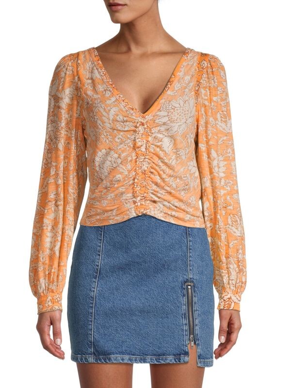 

Топ с рюшами и цветочным принтом Free People Blood orange