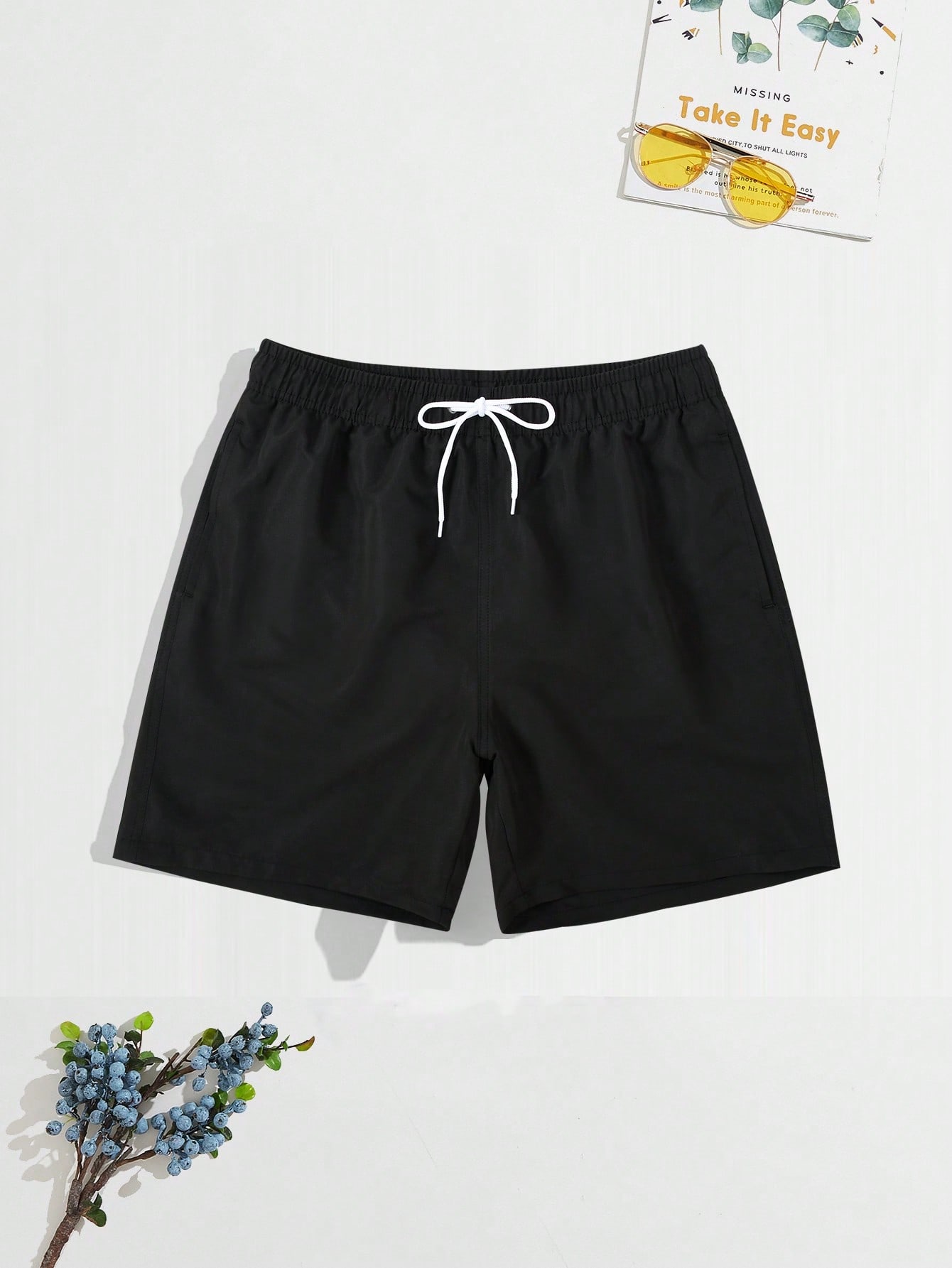 Мужские однотонные пляжные шорты с завязками на талии, черный цена и фото
