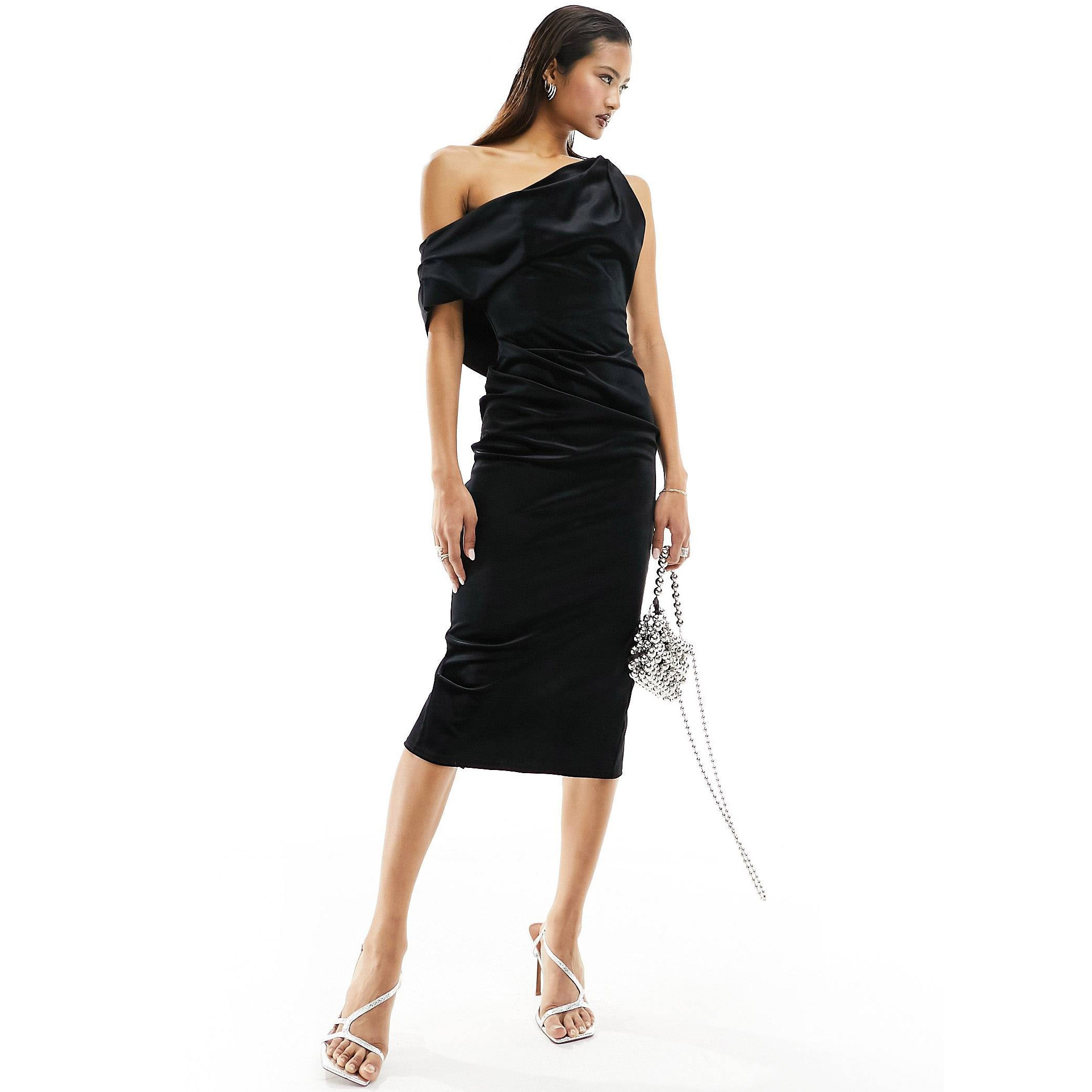 Платье Asos Design Velvet Fallen Shoulder Pleat Back Midi, черный
