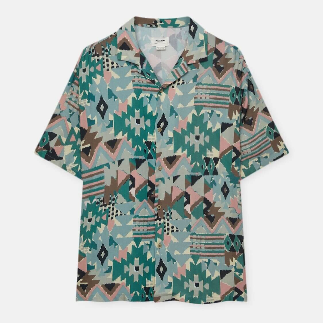 

Рубашка Pull&Bear Retro с коротким рукавом, зеленый/розовый/коричневый