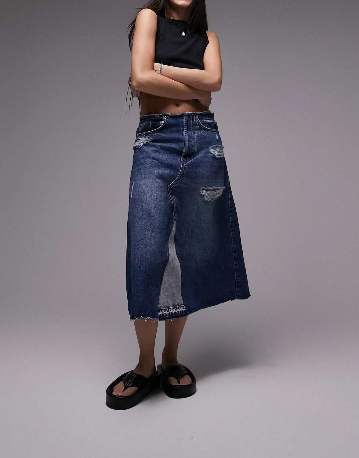 

Юбка Topshop Denim Raw Waistband Aline Midi, синий