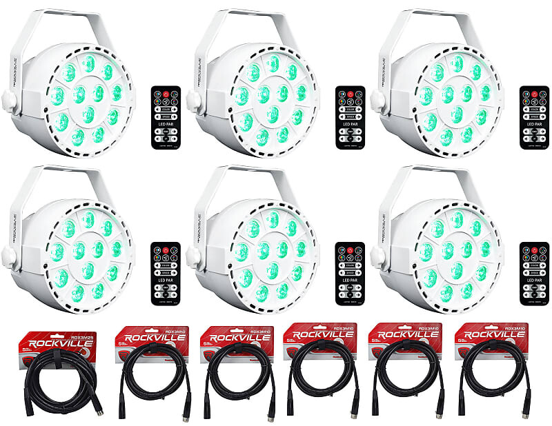 

6 Rockville RockPAR TRI LED RGB Par Cans DJ White DMX Wash Lights+Remotes+Cables (6) ROCKPAR TRI WHITE+RDX3M25+RDX3M10