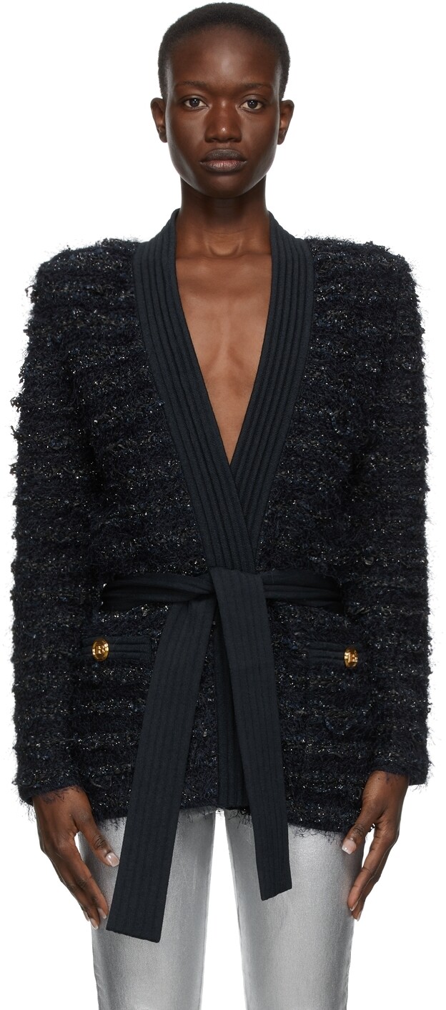 

Темно-синий длинный кардиган с поясом Balmain