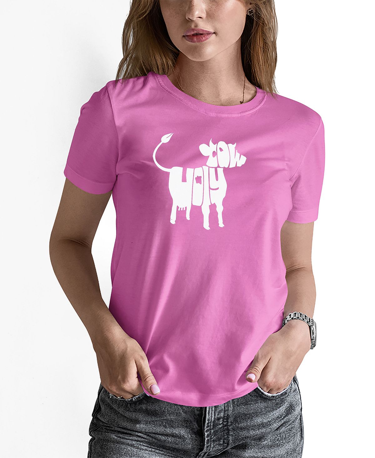 Женская футболка с надписью holy cow word art LA Pop Art, розовый розовая корова плюшевая кожа клубника корова милая клубника корова кукла