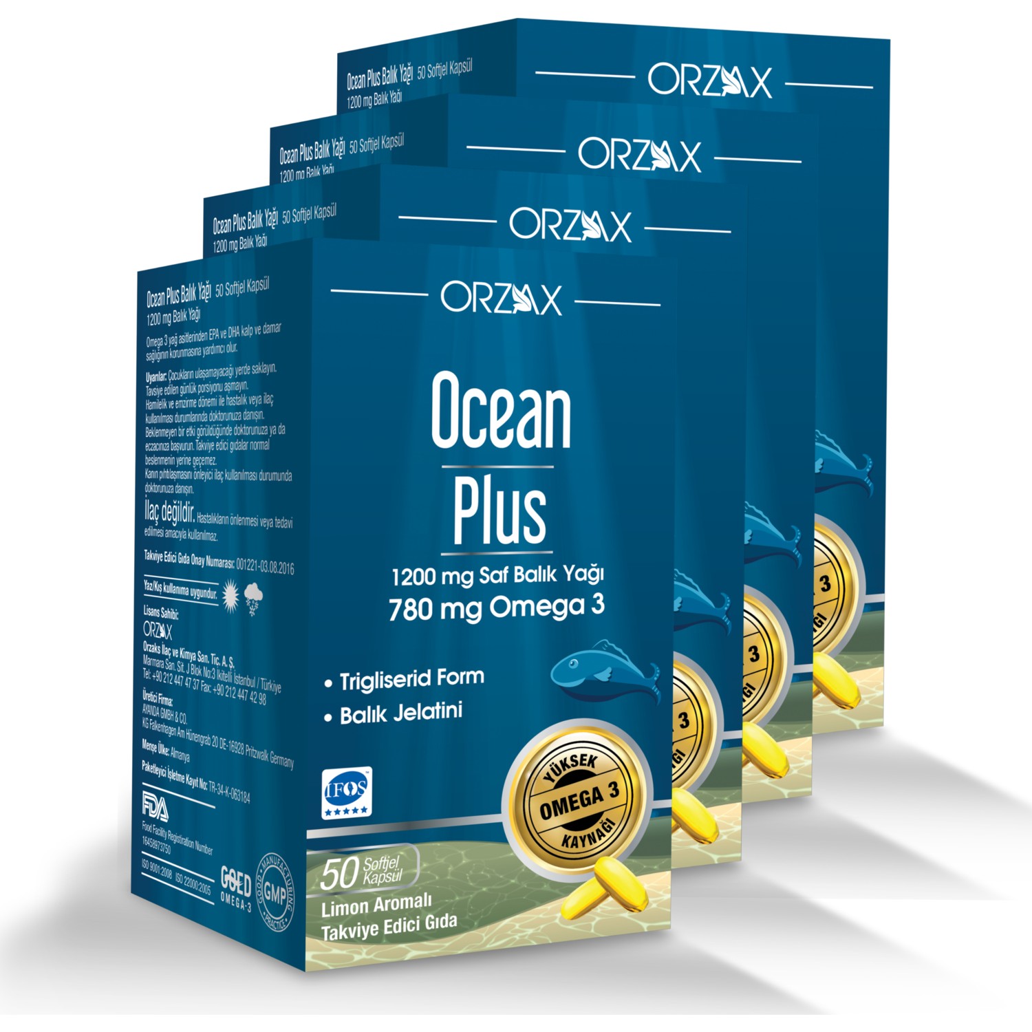 Омега-3 Ocean Plus 1200 мг, 4 упаковки по 50 капсул омега 3 plus orzax 1200 мг 2 упаковки по 50 капсул