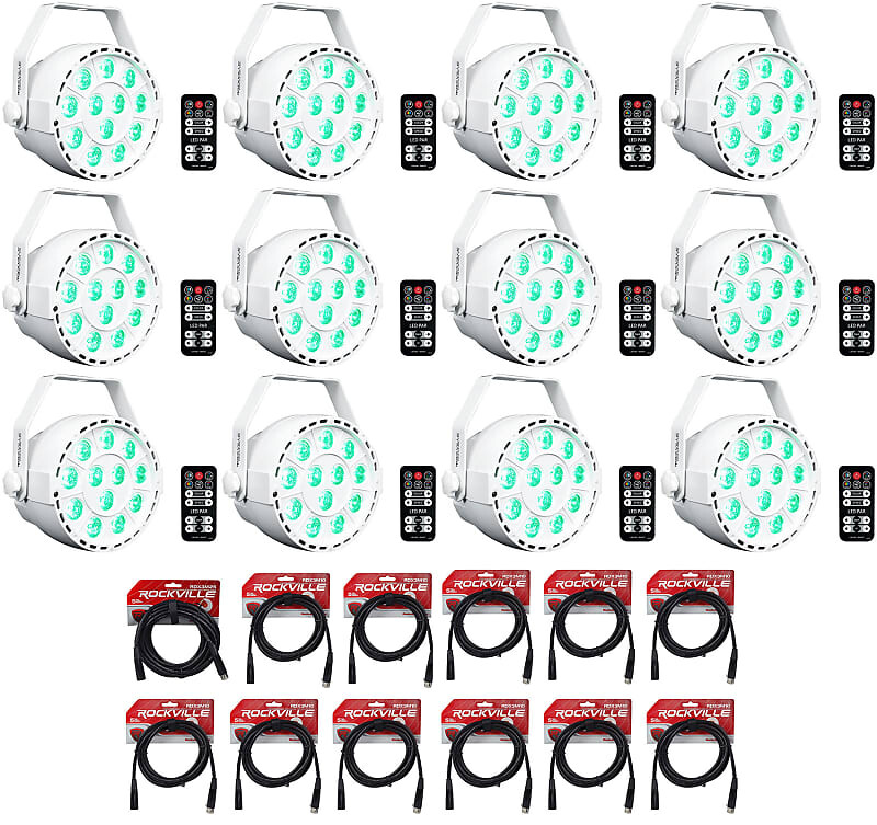 

(12) Rockville RockPAR TRI LED RGB White DMX Par Wash DJ Lights+Remotes+Cables (12) ROCKPAR TRI WHITE+RDX3M25+RDX3M10