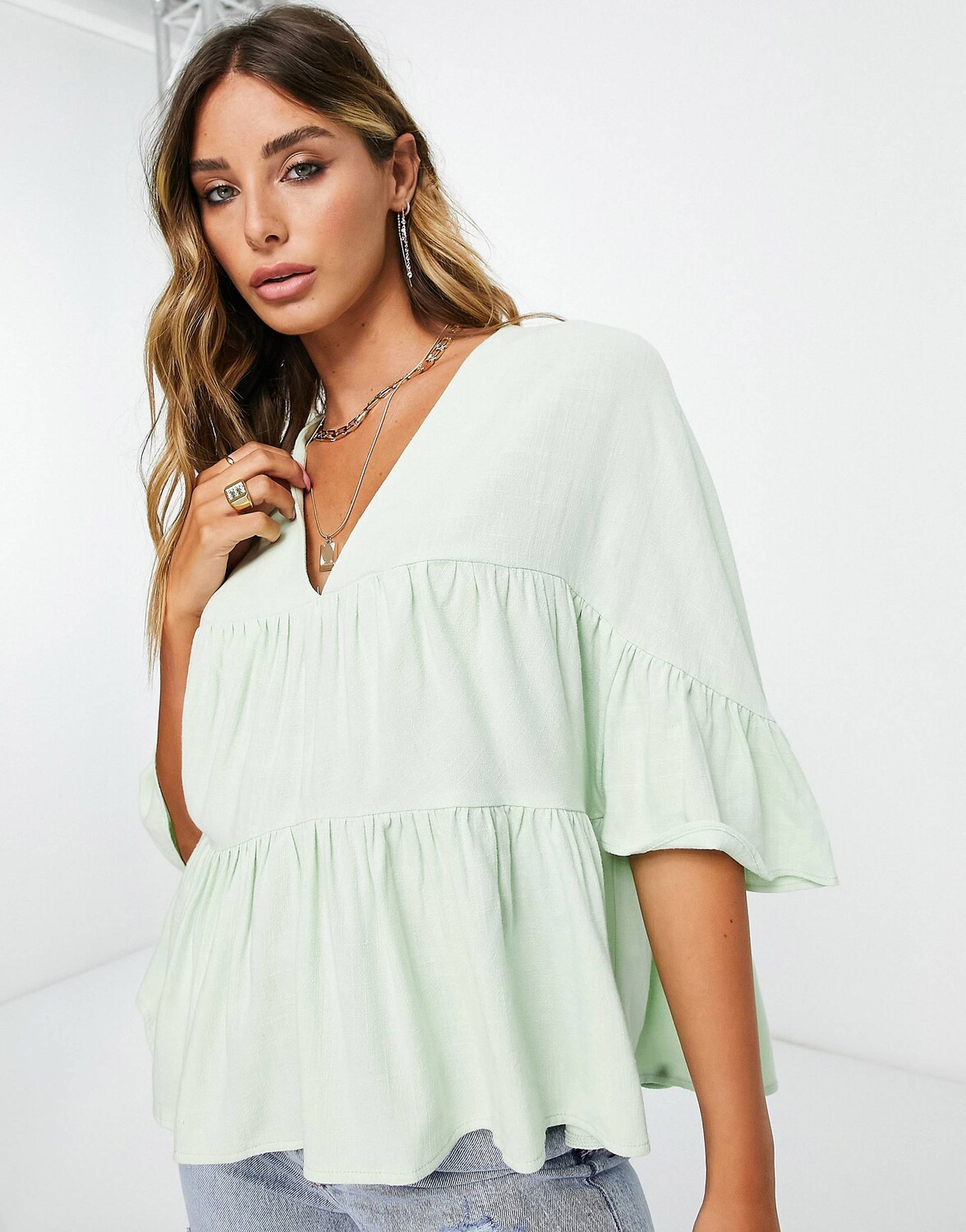 

Яблочный многослойный топ с оборками на рукавах ASOS DESIGN
