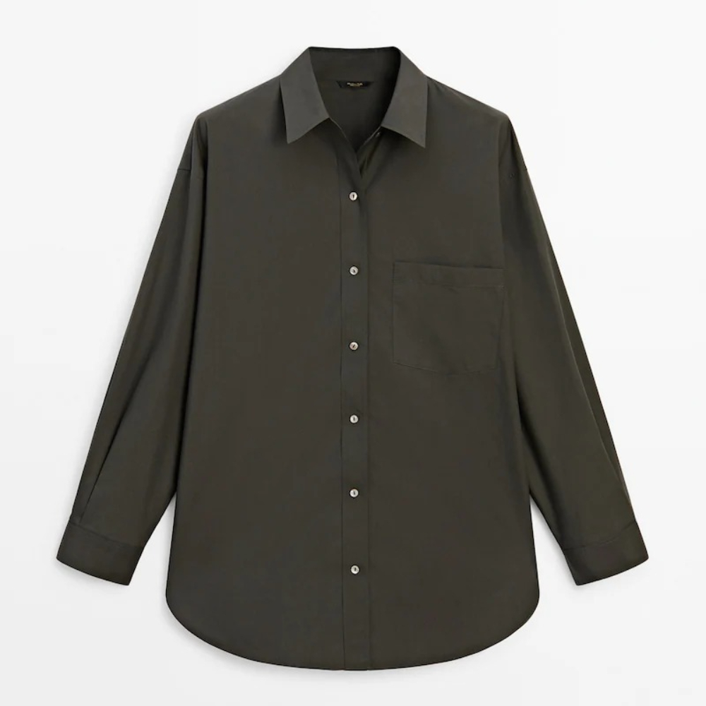 Рубашка Massimo Dutti Cotton Blend With Pockets, зелено-серый куртка рубашка massimo dutti 100% cotton with pockets темный хаки