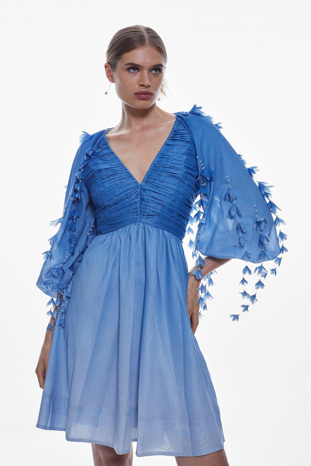 Тканое мини-платье из высокого хлопка с аппликацией Karen Millen, синий