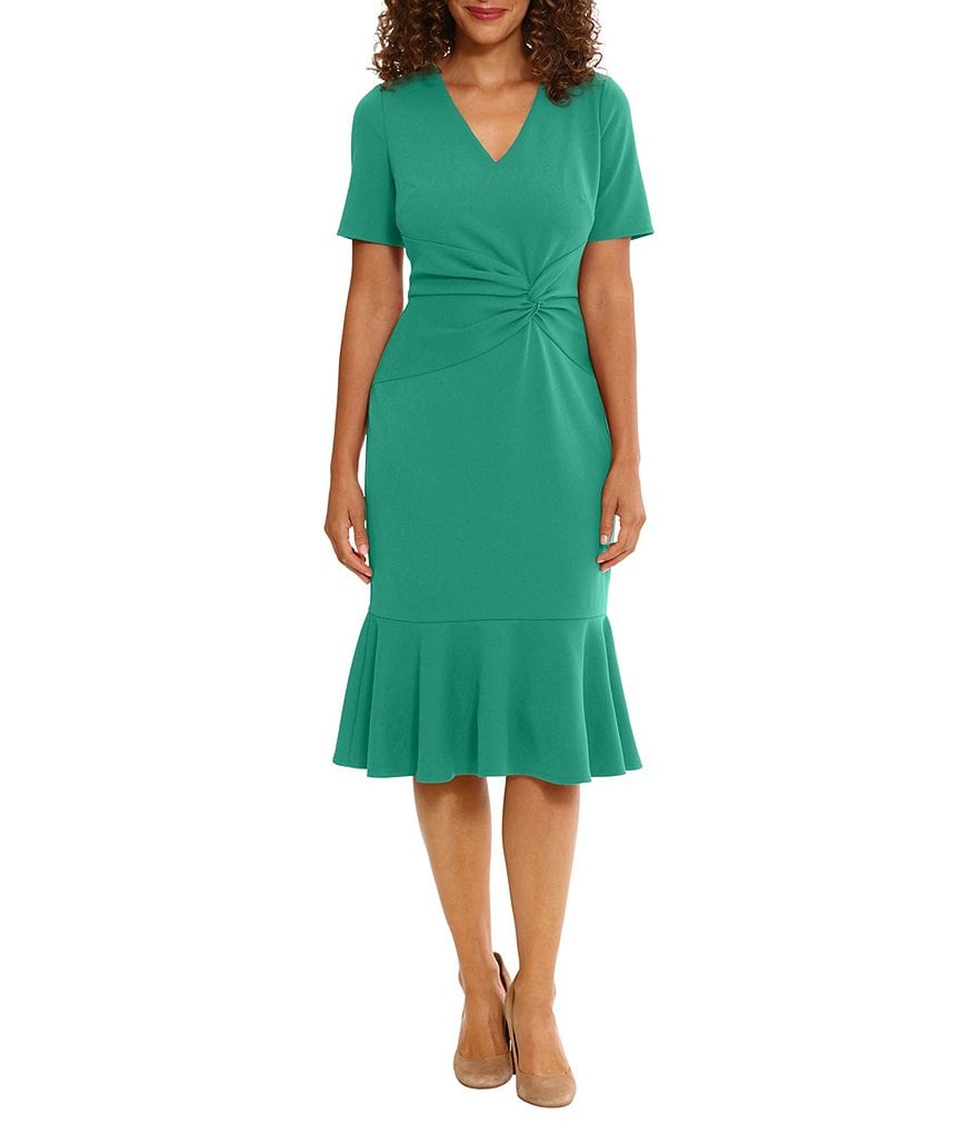 Платье-футляр из крепа с короткими рукавами и узлом спереди London Times, зеленый