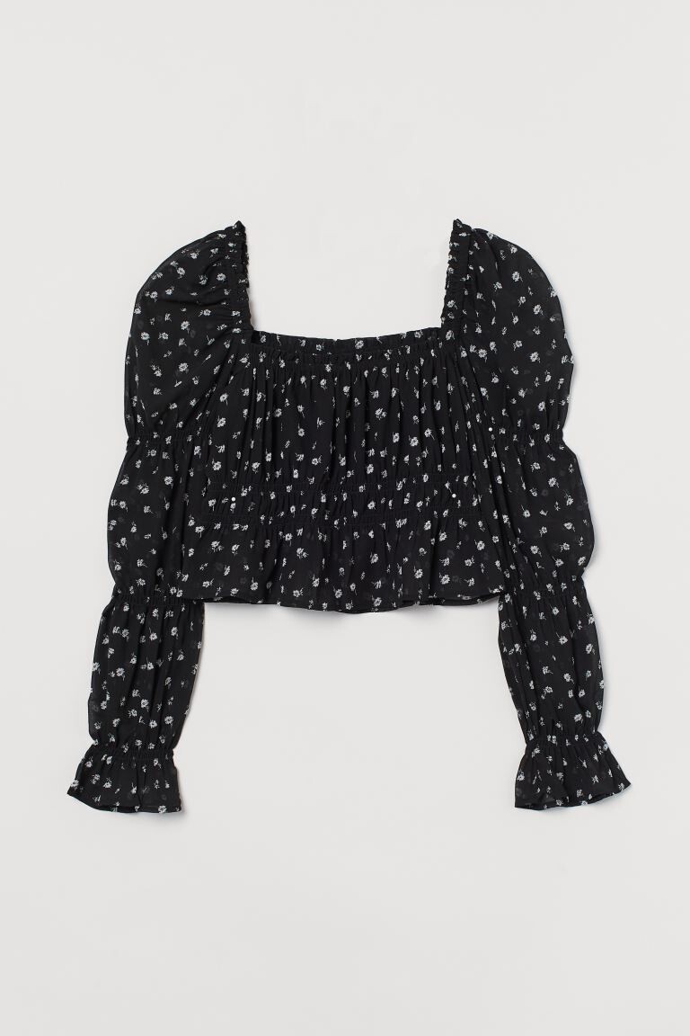 

Короткий топ с пышными рукавами H&M, черные/белые цветы