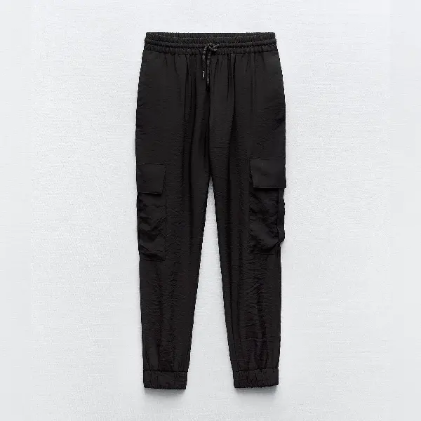 брюки topman skinny smart with elasticated waistband светло бежевый Брюки Zara Cargo With Elasticated Waistband, черный