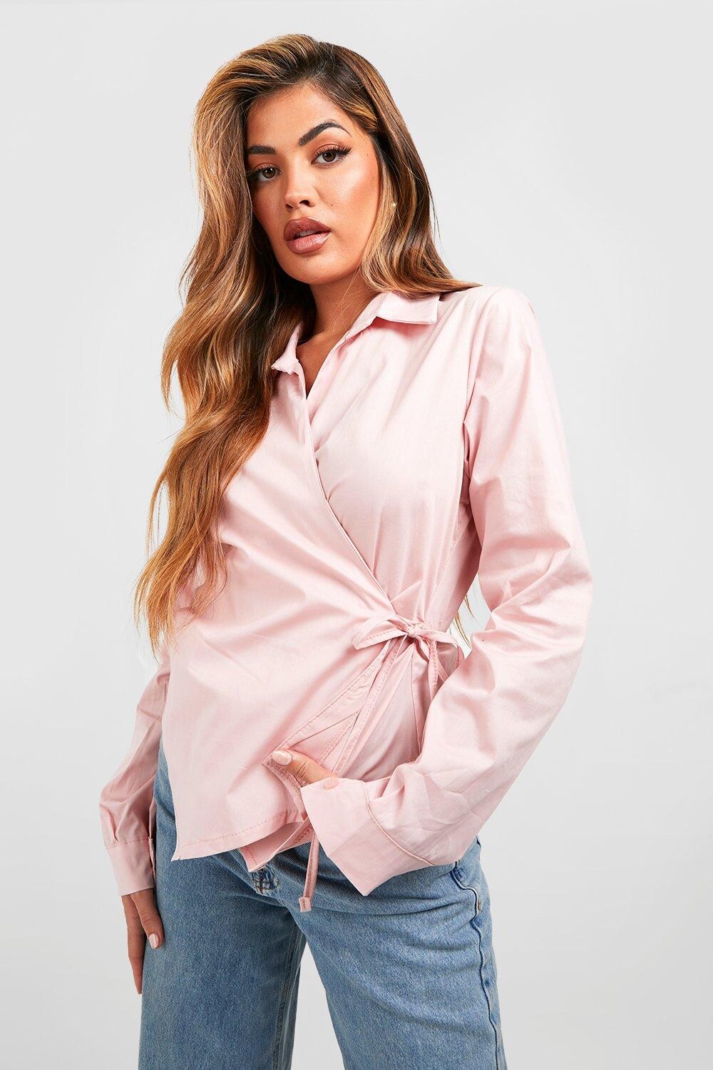 

Рубашка из хлопка на запахе Boohoo, розовый