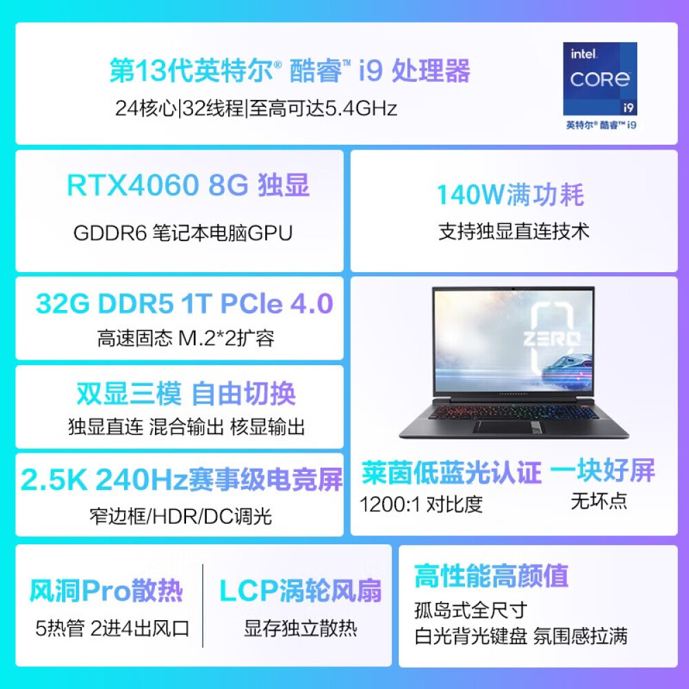

Ноутбук игровой Thor ZERO2023 911 i913900HX 4060 32G 1T, серый / оранжевый