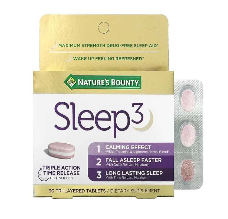 Sleep 3, максимальная сила, снотворное без лекарств, 30 трехслойных таблеток, Nature's Bounty solgar sleep тройного действия 60 трехслойных таблеток