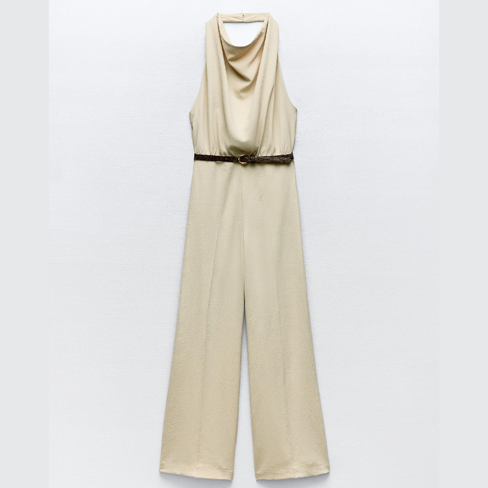 Комбинезон Zara Halterneck With Tie Belt, светло-кремовый женский комбинезон с принтом элегантный облегающий комбинезон с воротником стойкой и широкими штанинами размеры 3xl 4xl 5xl 6xl