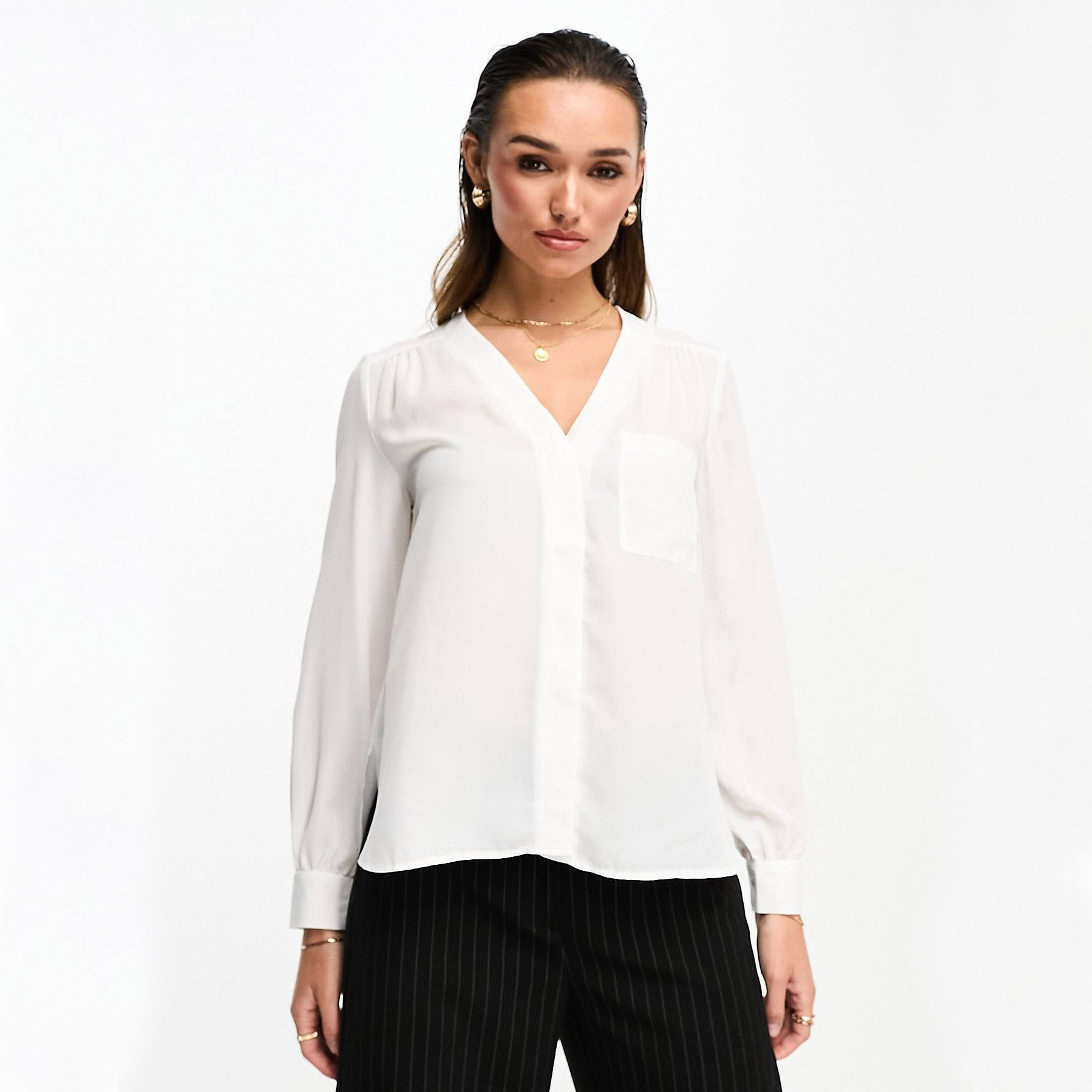 блузка женская белая Блузка Asos Design Long Sleeve With Pocket Detail, белый