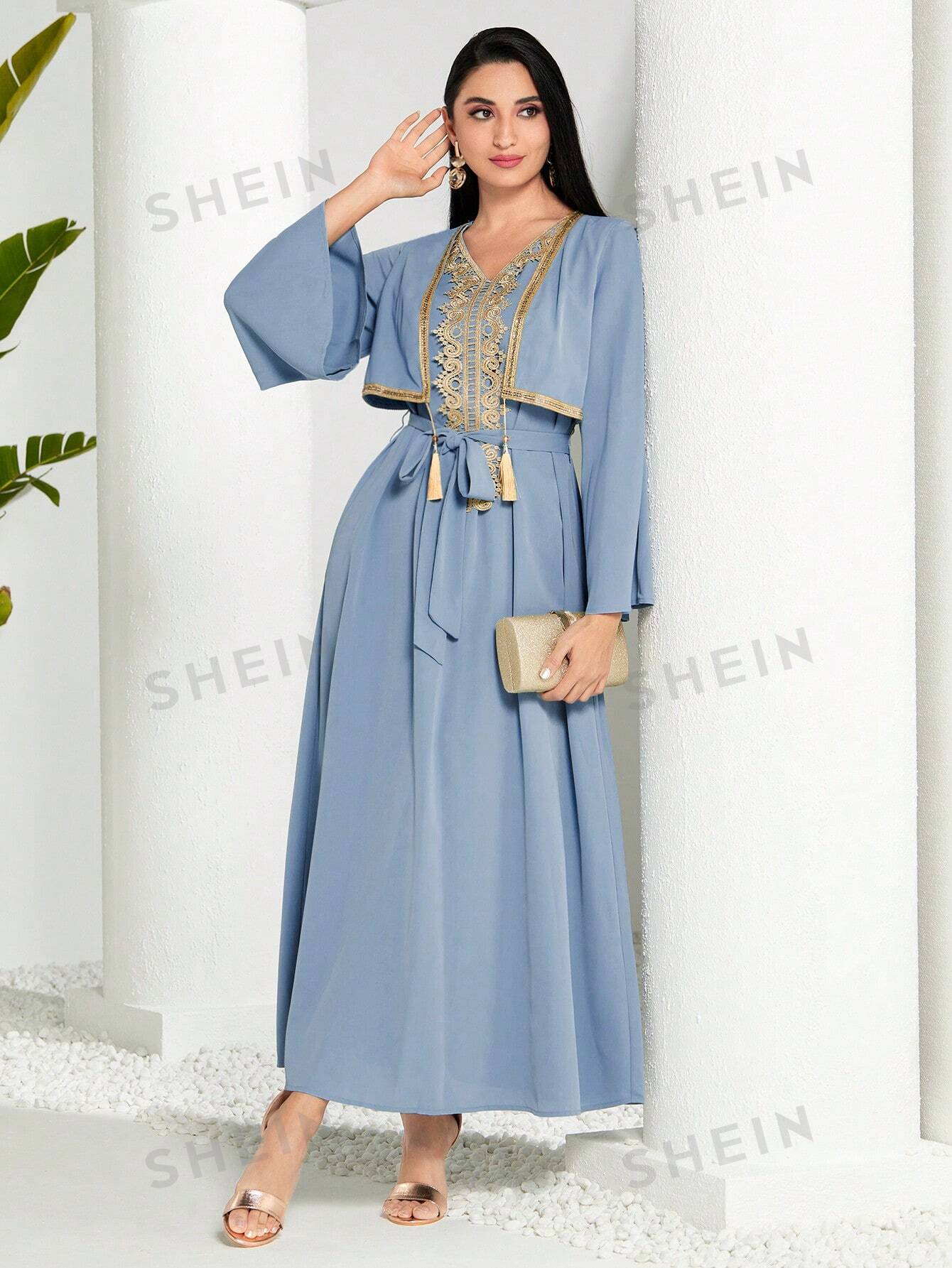 SHEIN Modely женское арабское платье в стиле пэчворк из тканой ленты с бахромой и длинными рукавами, голубые shein modely женское арабское платье в стиле пэчворк из тканой ленты с бахромой и длинными рукавами пыльный фиолетовый