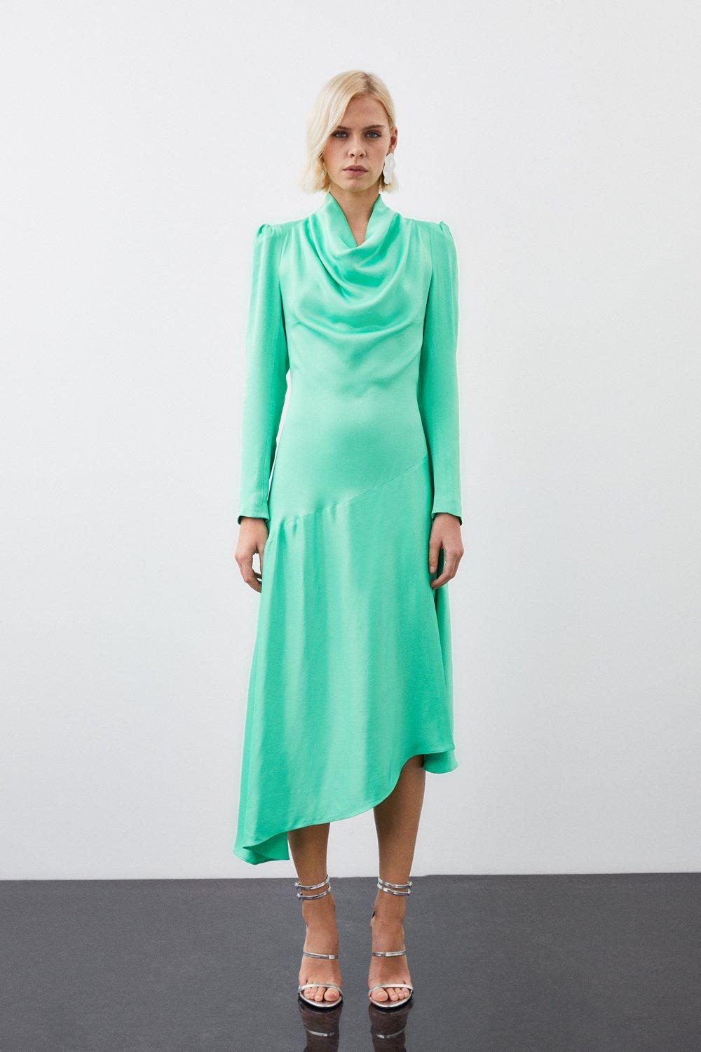 Асимметричное тканое платье макси из вискозного атласа Karen Millen, зеленый фото