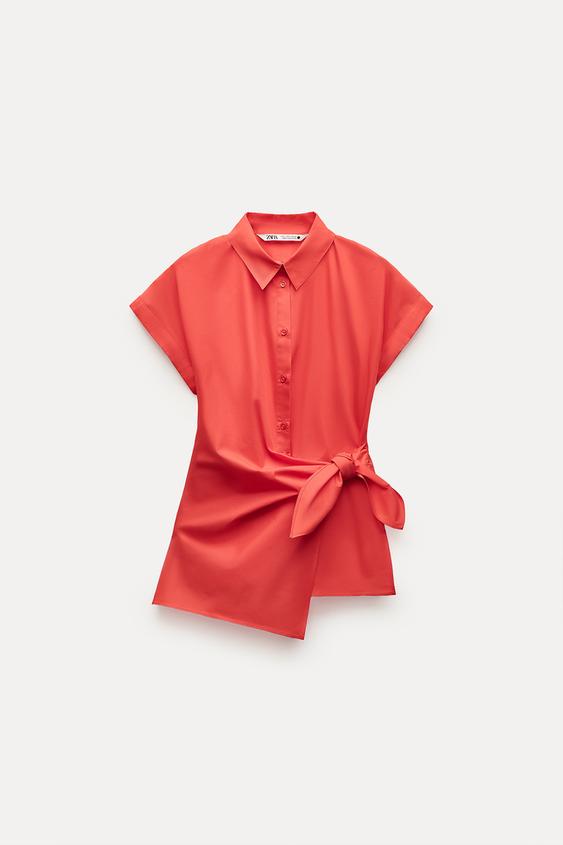 цена Рубашка Zara Zw Collection Poplin With Knot Detail, красный