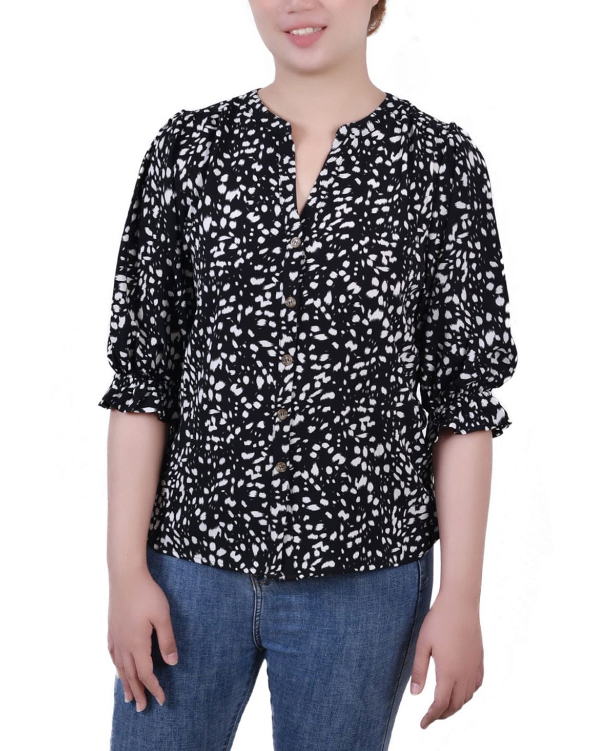 цена Миниатюрная блузка с y-образным вырезом и рукавами до локтя NY Collection, мульти