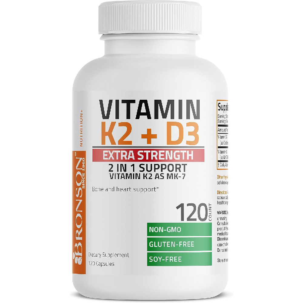 Витамин K2 (MK7) и D3 (10 000 МЕ) Bronson, 120 капсул alpha rise adk 10 витаминная добавка с витаминами a d3 10 000 ме k2 mk7 mk4 – 90 капсул