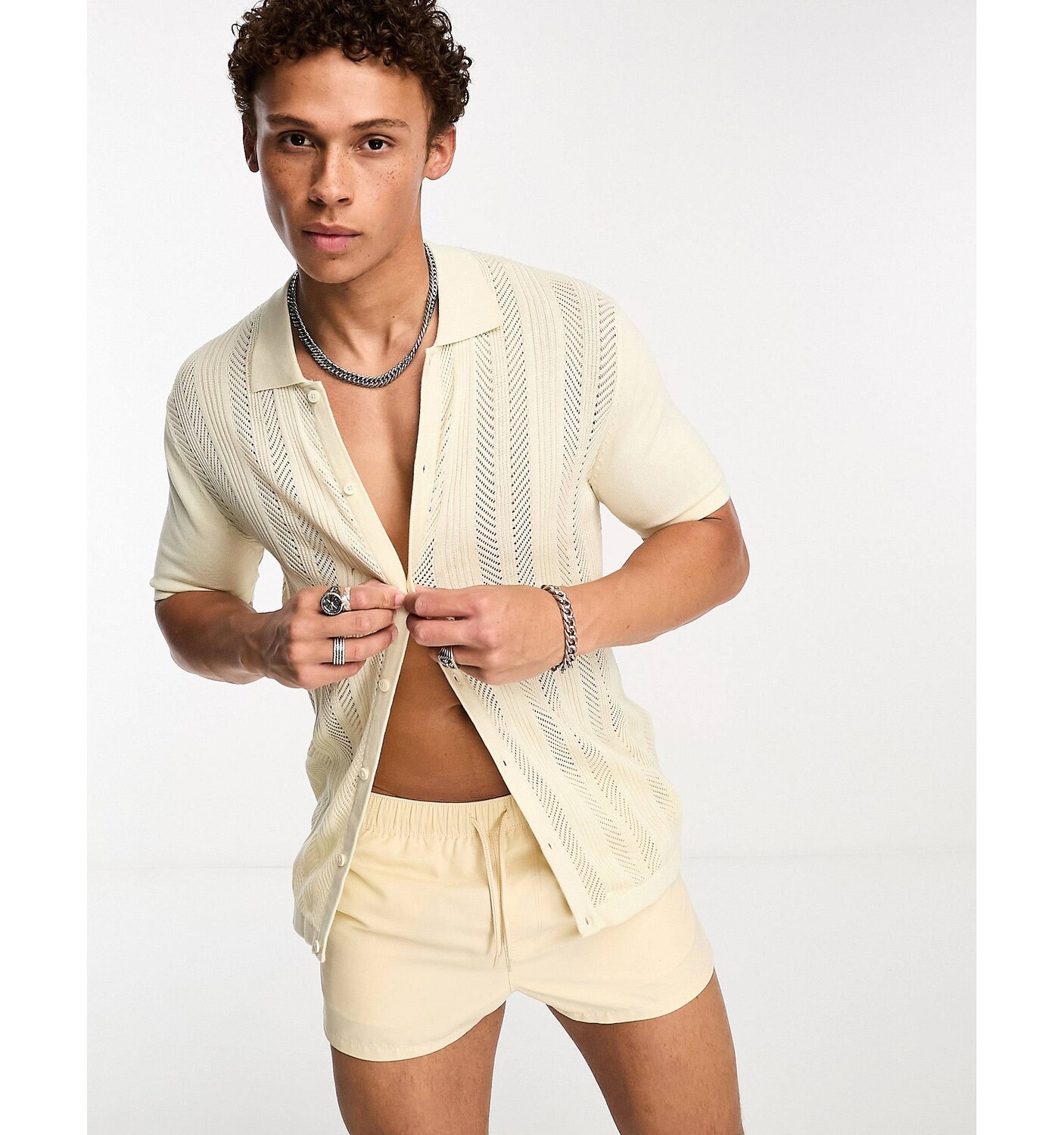

Кремовая трикотажная рубашка свободного кроя на пуговицах Jack & Jones Originals