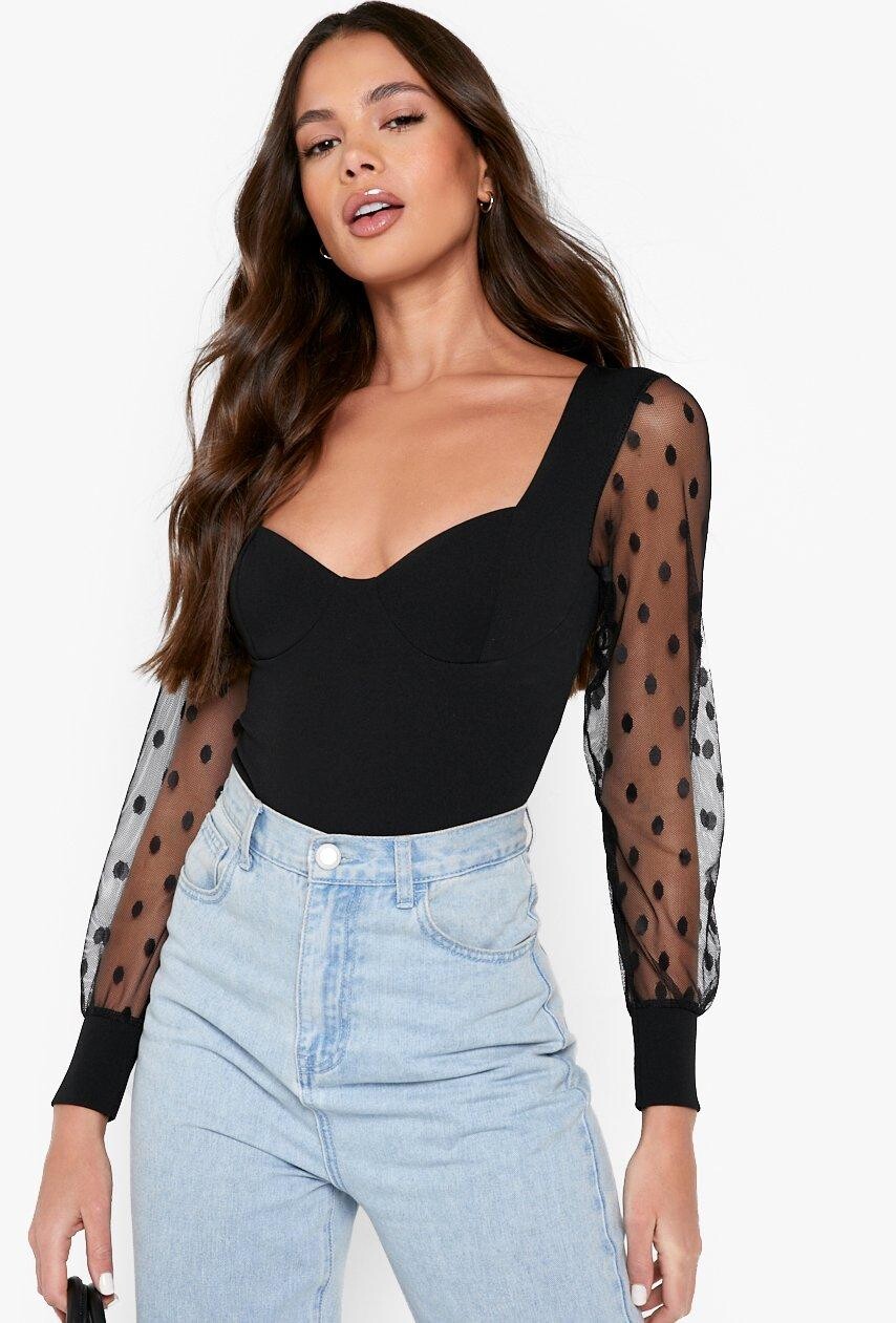 

Боди с длинными рукавами dobby mesh Boohoo, черный