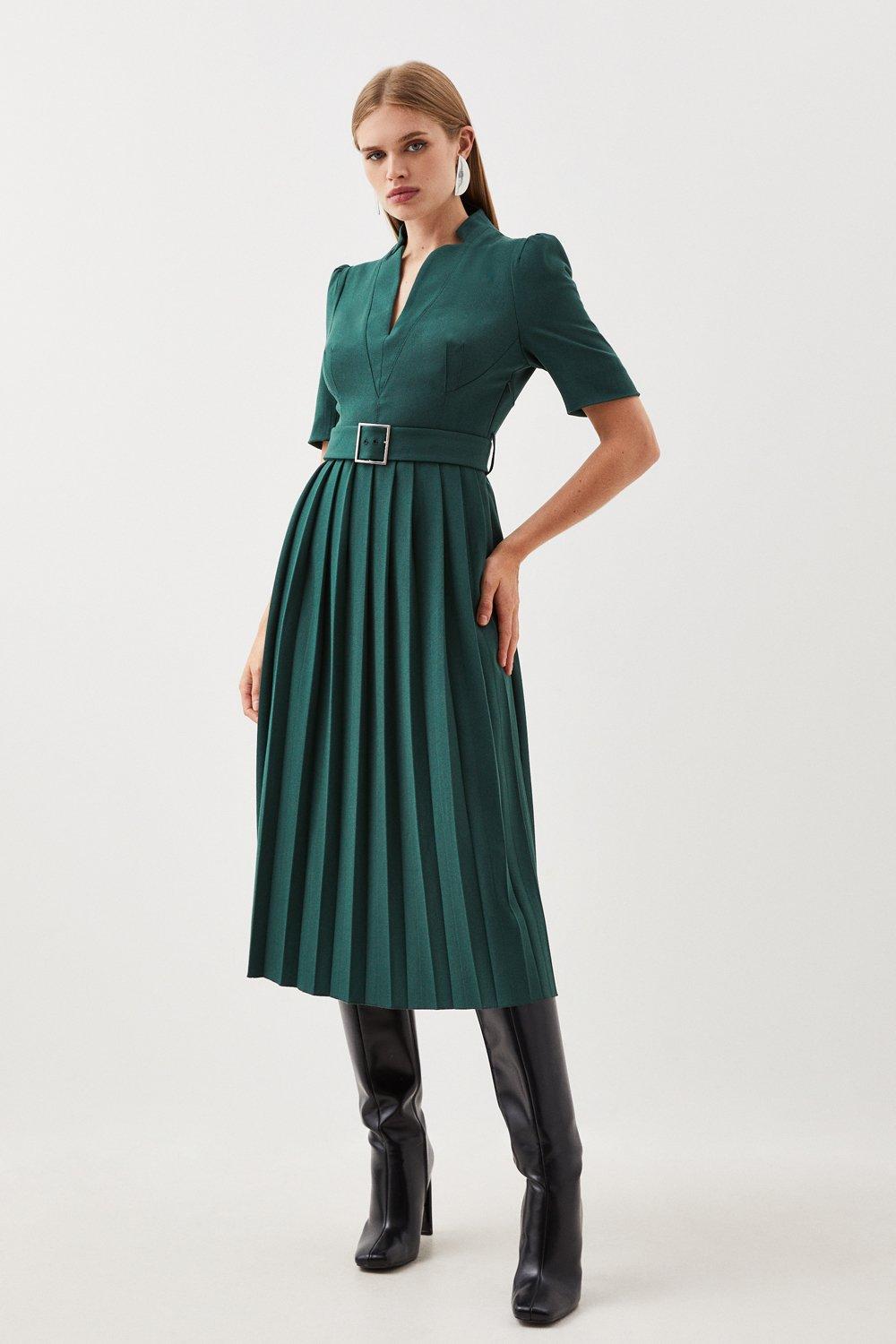 Платье миди со складками и поясом из структурированного крепа Forever Karen Millen, зеленый