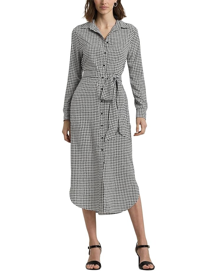 

Платье LAUREN Ralph Lauren Houndstooth Belted Crepe Shirtdress, цвет Cream/Black