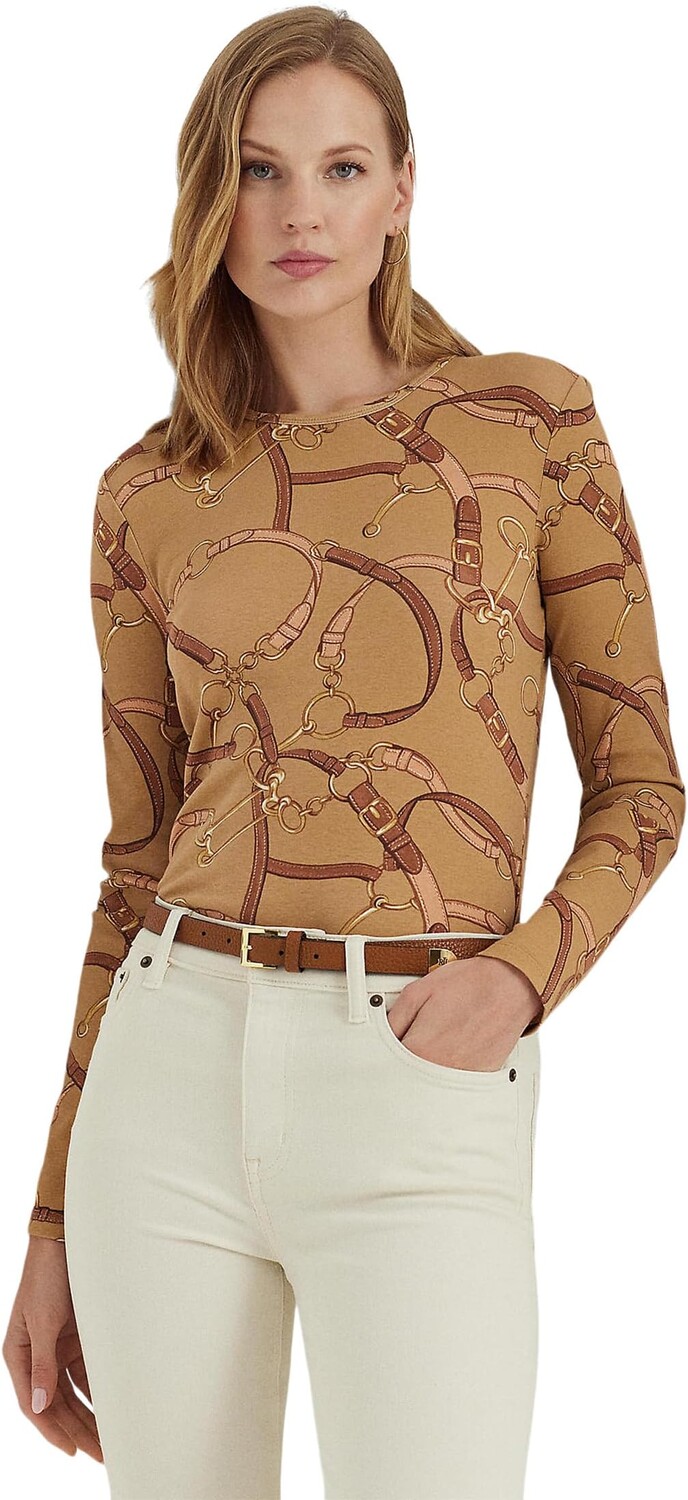 

Хлопковая футболка с длинными рукавами и ремнем с принтом LAUREN Ralph Lauren, цвет Camel Multi