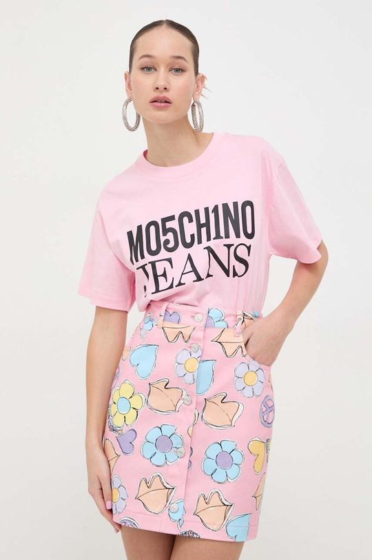 Хлопковая футболка Moschino Jeans, розовый хлопковая футболка moschino jeans розовый