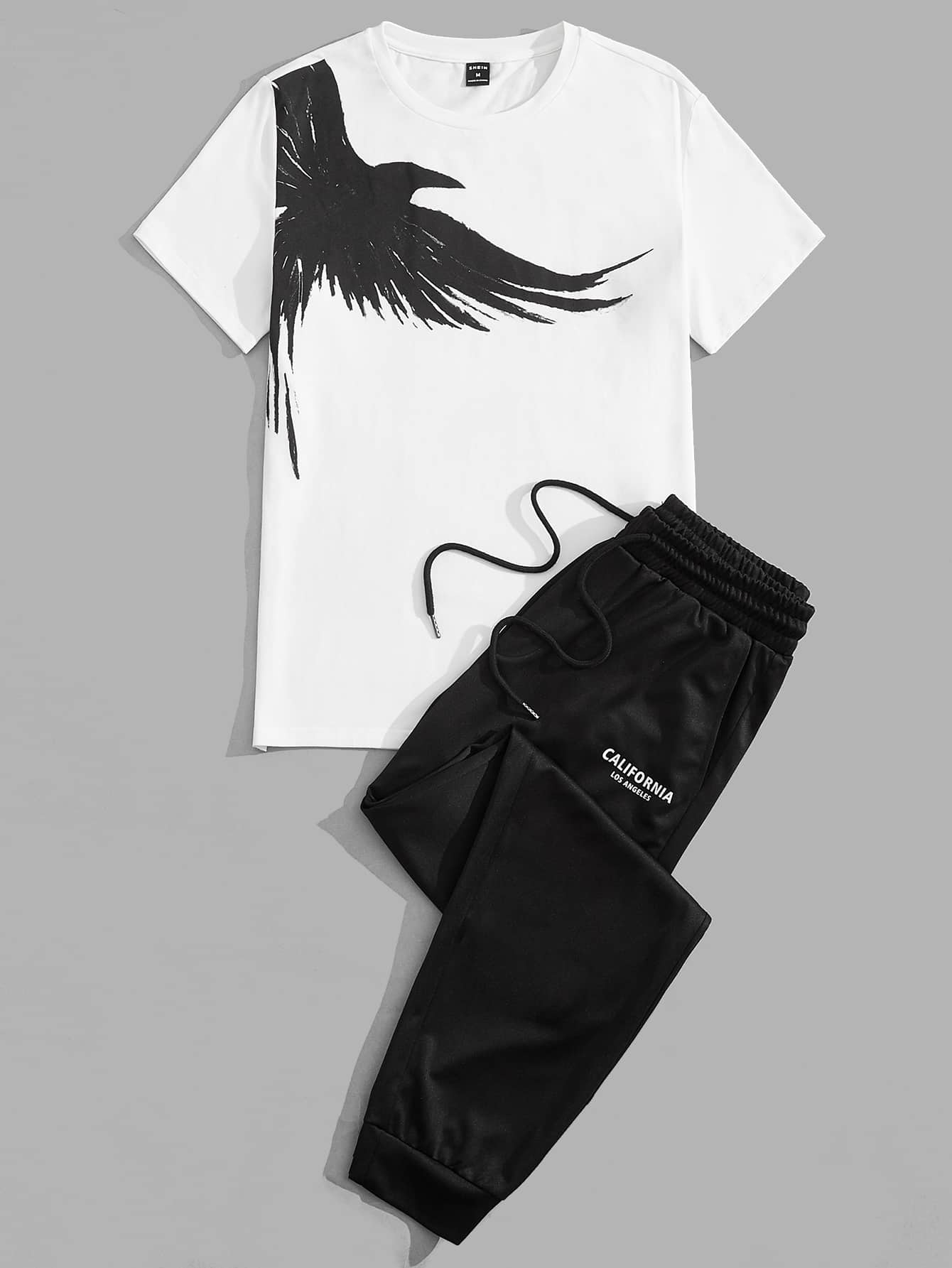 Мужской вязаный комплект из топа и брюк с короткими рукавами Manfinity Homme с принтом птиц, черное и белое