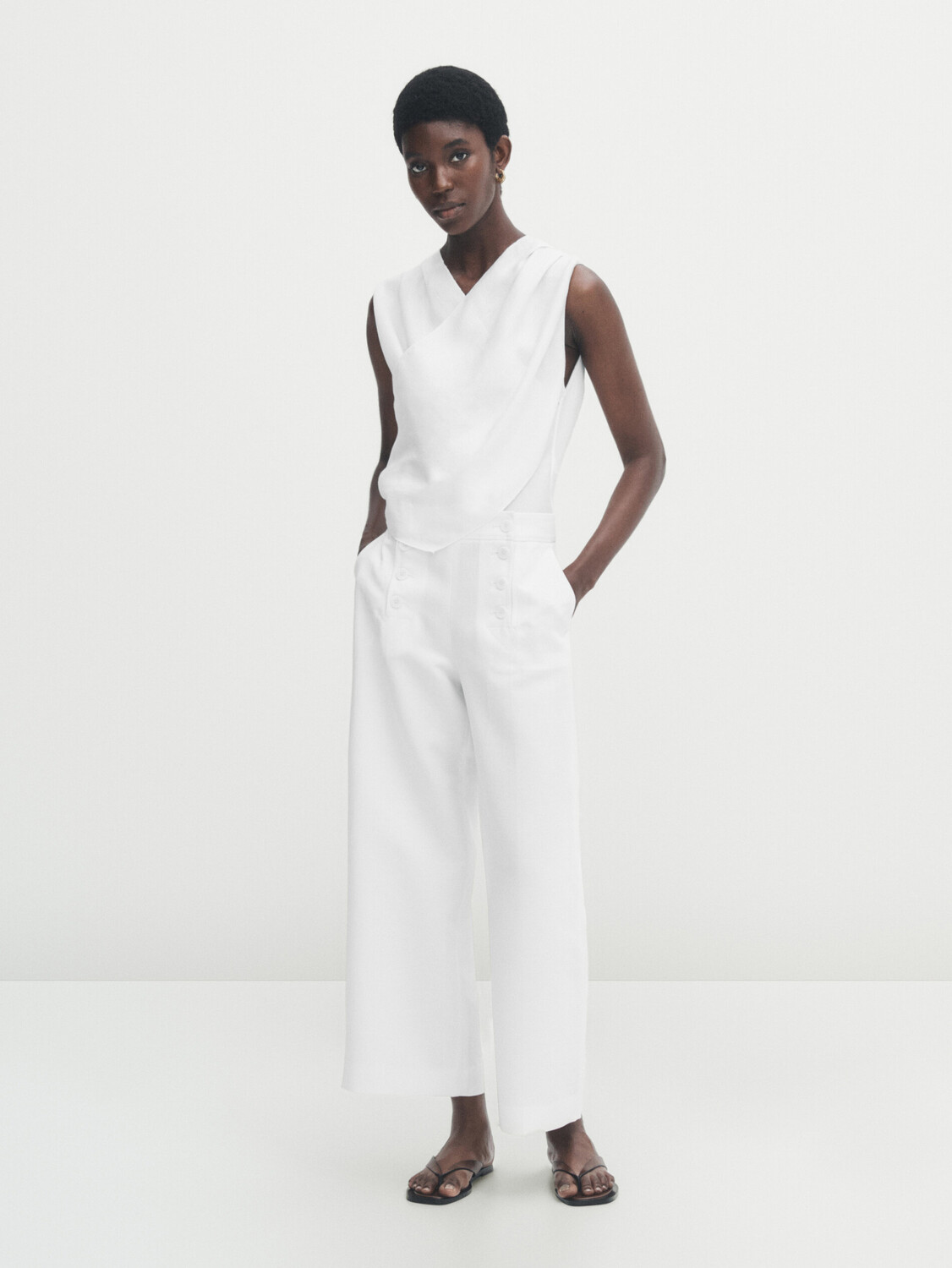 

Широкие брюки из хлопка и льна с пуговицами Massimo Dutti, белый