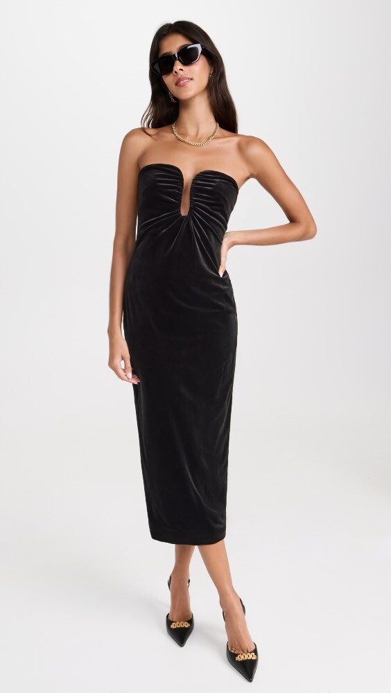 

Платье миди Self Portrait Black Velvet Strapless, черный