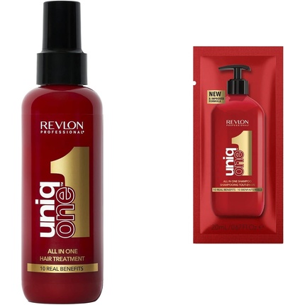цена Revlon Professional UniqOne Маска-спрей без ополаскивания 150 мл Питательный и восстанавливающий уход за волосами + образец шампуня UniqOne 20 мл