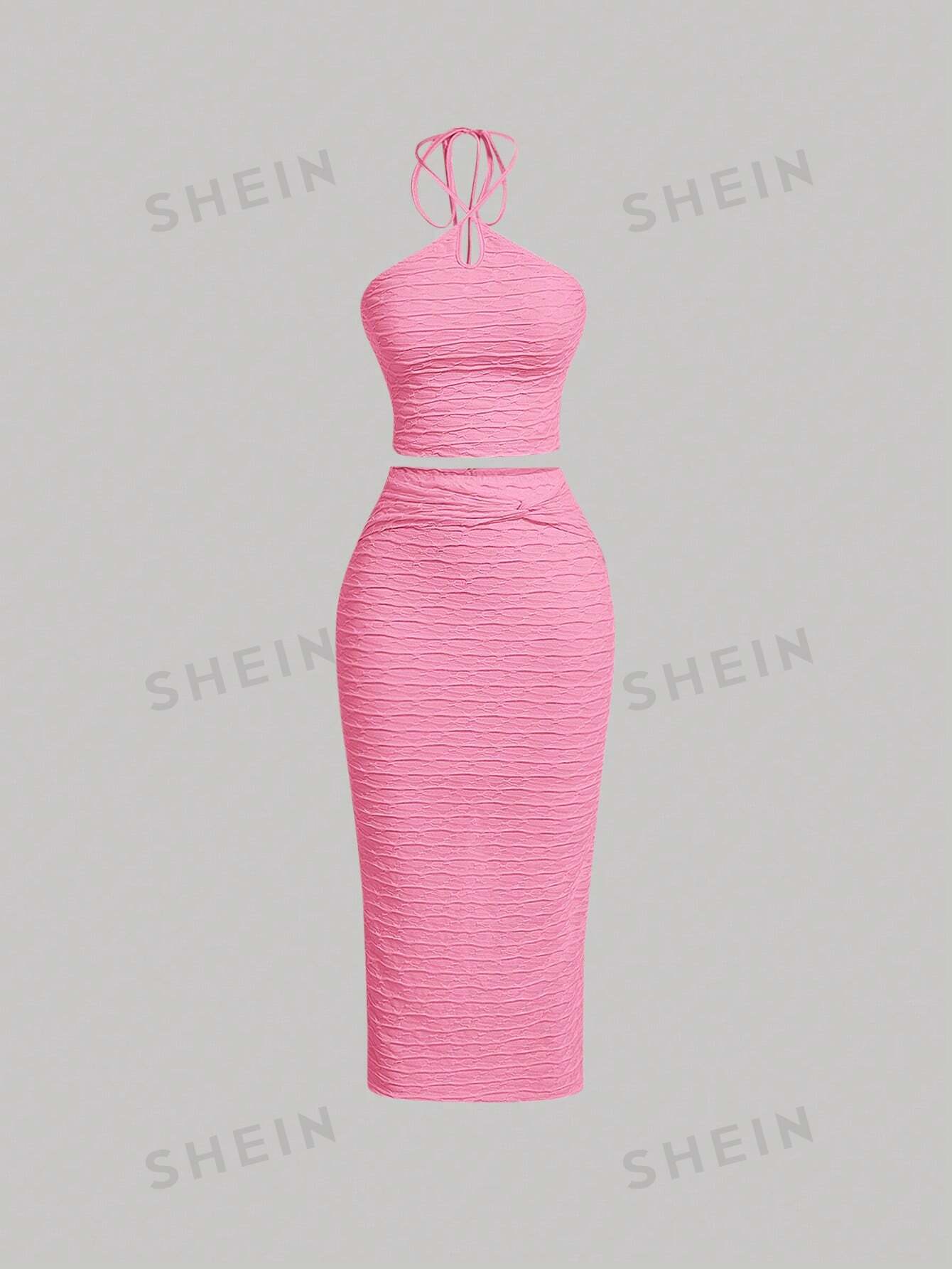 SHEIN MOD Весенние каникулы, ярко-розовый shein icon женский джинсовый топ с разрезом по низу и бретелькой на шее легкая стирка