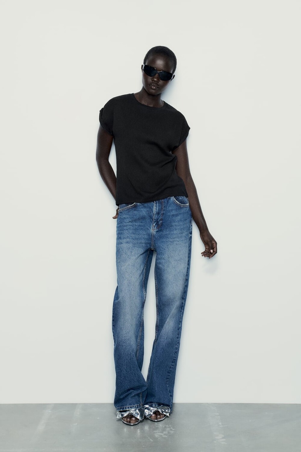 

Хлопковая футболка с рукавами ZARA, черный