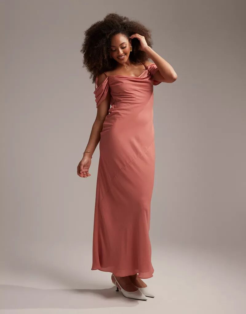 Платье макси с открытыми плечами и воротником-хомутом ASOS Bridesmaid пыльно-розового цвета