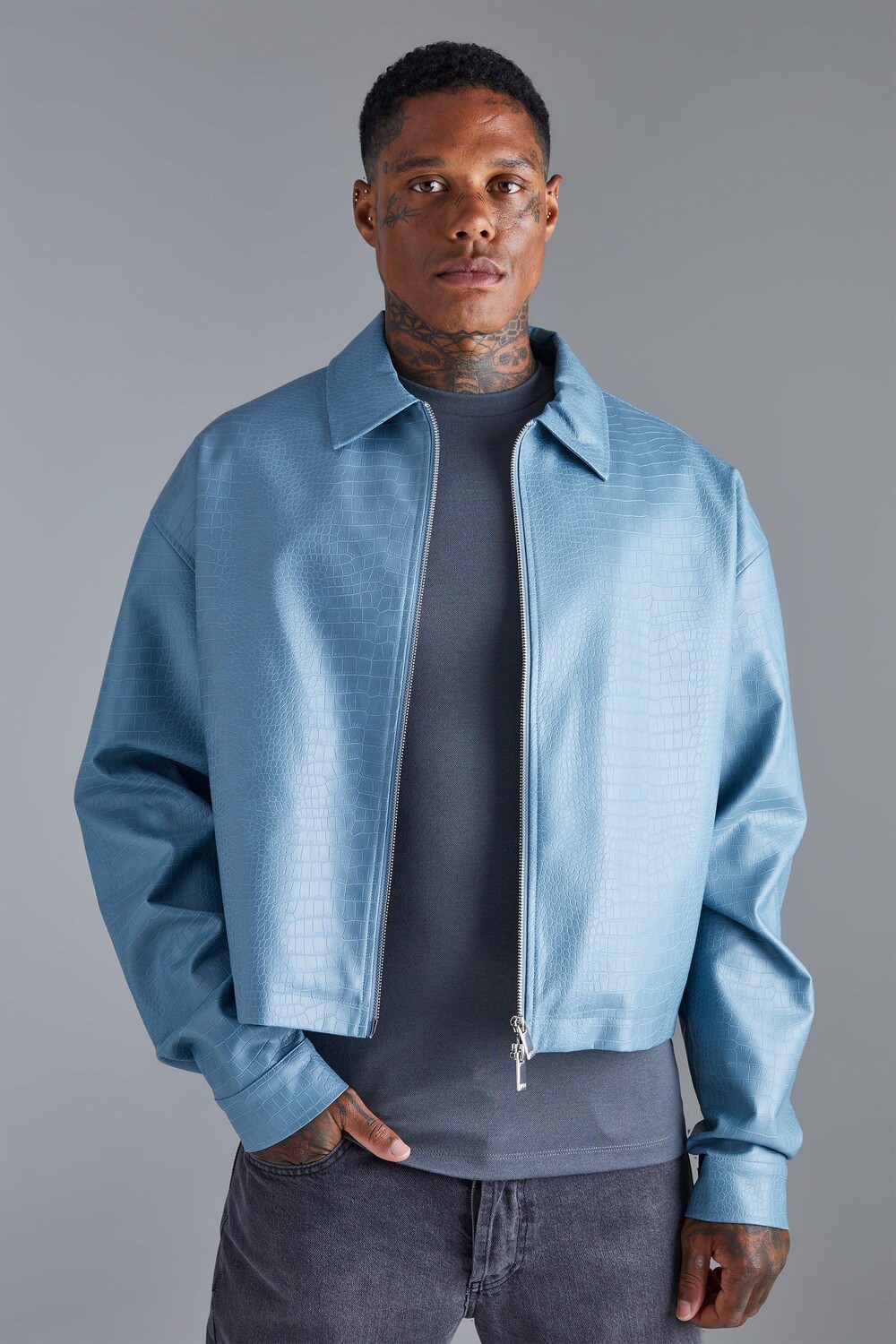 

Куртка harrington из искусственной кожи croc Boohoo, синий