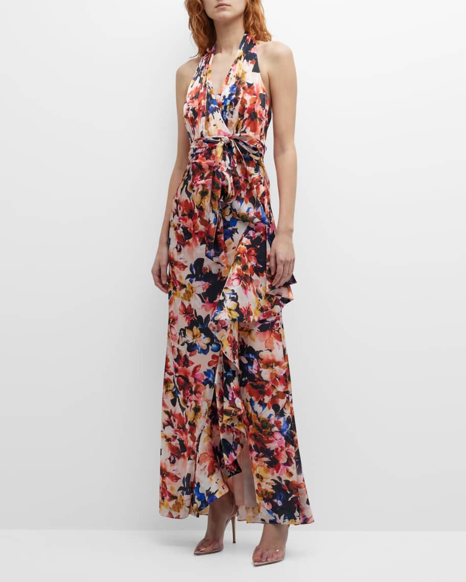 

Платье с цветочным принтом и оборками на бретельках Badgley Mischka Collection