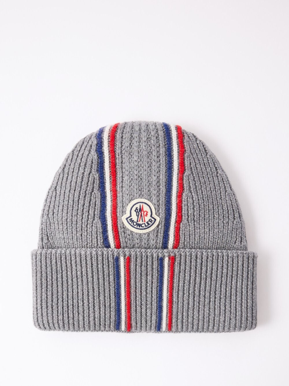 

Шерстяная шапка в полоску с нашивкой-логотипом Moncler, серый