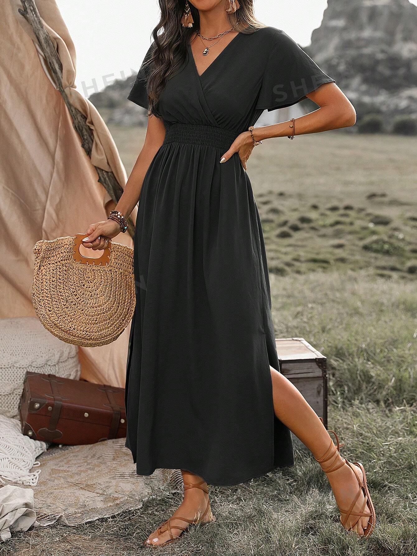 SHEIN VCAY Однотонное платье макси с V-образным вырезом и высоким разрезом по подолу, черный