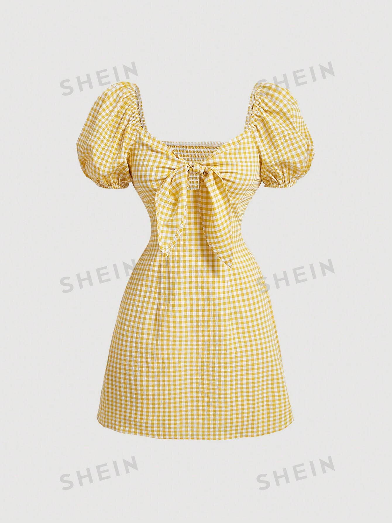 SHEIN MOD Желтое клетчатое платье в стиле ретро с пышными рукавами, желтый цена и фото