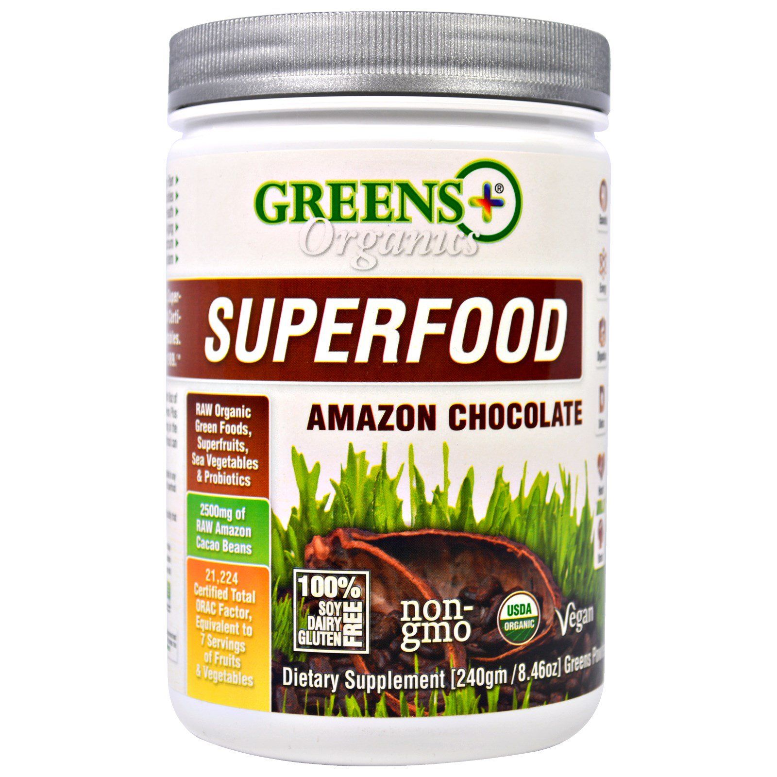 цена Greens Plus Органический суперпродукт Шоколад с Амазонки 8.46 унций (240 г)